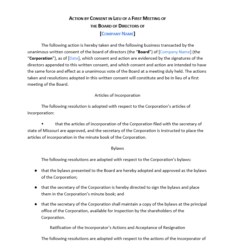 Directors Written Consent in Lieu of First Board Meeting For a Corporation